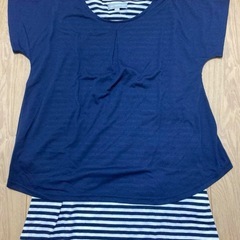 授乳服 ネイビーストライプ重ね着風