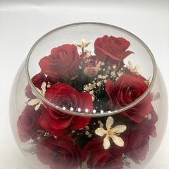 薔薇と白い花のアレンジメントの画像