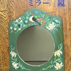 丸型ミラー　鏡　木製★トールペイント　ハンドメイド　鳥　花　ヴィ...