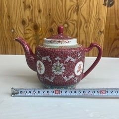 k1028604 超希少品 景徳鎮 茶器 ティーポット 中国景徳鎮 急須 ピンク 総柄 食器 コレクション 漢字 茶器 茶道具 美術品 白花 インテリア レトロ アンティーク 中古 現状品の画像