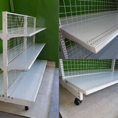 オカムラ製 H155cm×W120cm ２連結両面２段什器 背面ネット キャスター付き キックプレート無し■陳列棚・システム什器■S-610の画像