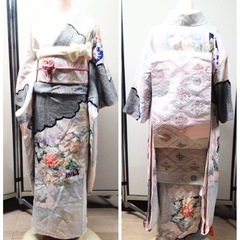 ● M) 正絹 絞り 振袖 帯 六通 白 黒 梅 桜 牡丹 菖蒲 藤 菊 四季折々 帯揚げ 帯締め 身丈152cm 成人式 結婚式 中古 4点セット ③の画像