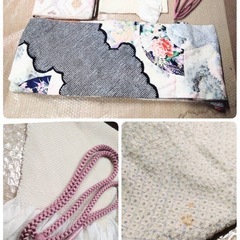 ● M) 正絹 絞り 振袖 帯 六通 白 黒 梅 桜 牡丹 菖蒲 藤 菊 四季折々 帯揚げ 帯締め 身丈152cm 成人式 結婚式 中古 4点セット ③の画像