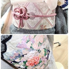 ● M) 正絹 絞り 振袖 帯 六通 白 黒 梅 桜 牡丹 菖蒲 藤 菊 四季折々 帯揚げ 帯締め 身丈152cm 成人式 結婚式 中古 4点セット ③の画像