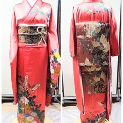 ● N) 豪華絢爛 正絹 振袖 帯 六通 ペールピンク 蝶々金彩 色彩 花模様 帯揚げ 帯締め 身丈162cm 成人式 結婚式 中古 4点セット ③の画像