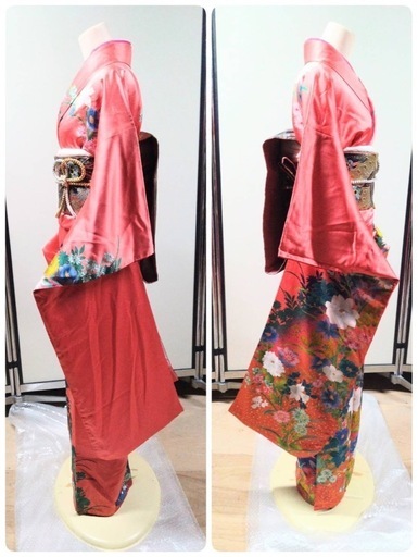 ● N) 豪華絢爛 正絹 振袖 帯 六通 ペールピンク 蝶々金彩 色彩 花模様 帯揚げ 帯締め 身丈162cm 成人式 結婚式 中古 4点セット ③