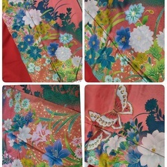 ● N) 豪華絢爛 正絹 振袖 帯 六通 ペールピンク 蝶々金彩 色彩 花模様 帯揚げ 帯締め 身丈162cm 成人式 結婚式 中古 4点セット ③の画像