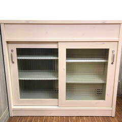 ss6913　両面キッチンカウンター オフホワイト 幅105cm カントリー調 キッチンボード 白 ガラス扉 引出3杯 食器棚 カウンター キャビネット キッチン収納 キッチンカウンター 中古の画像