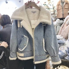 【新品】冬の厚手の暖かいデニムコットンコート女性ストリートウェアアウターウェア機関車プラスカシミアラムウールジーンズジャケットの画像