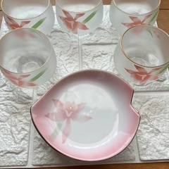 冷茶碗　菓子皿　すりガラス　花柄　