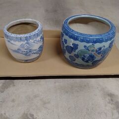 火鉢　陶器製　大小2個セット　アンティック