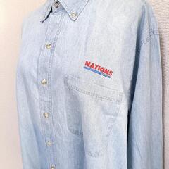 US古着 美品 ワークシャツ ボタンダウン長袖シャツ 刺繍ロゴ 胸ポケット L ライトブルー メンズの画像