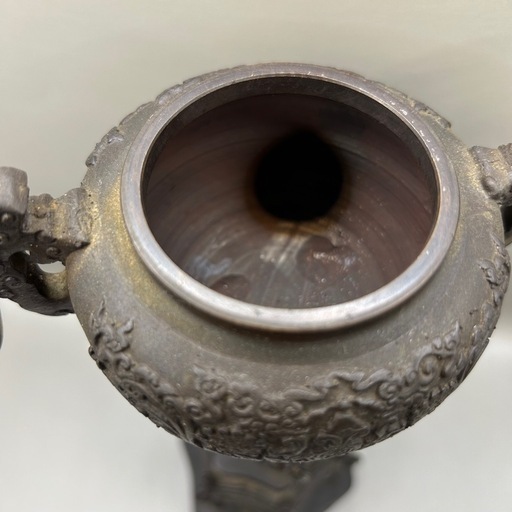 k1102611  金工師造 高岡銅器 蝋型鋳銅 獅子蓋 昇り龍 細密香炉 合箱付 部品無し  中古 現状品