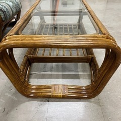 【売約済】レトロ ビィンテージ KAZAMA カザマ ラタンソファ テーブル 3点セット 布 リバティー調 の画像