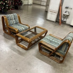 【売約済】レトロ ビィンテージ KAZAMA カザマ ラタンソファ テーブル 3点セット 布 リバティー調 の画像