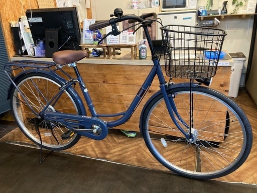 【前後タイヤ・チューブ新品！】 LEDオートライト　26インチ自転車　ネイビーブルー