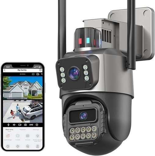 防犯カメラ 屋外 二つ監視画面・パンチルト・夜間カラー・2.4Ghz/Wi-Fi カラー暗視 AI人体検知 双方向通話 ・録画自動追尾 声光威嚇 監視カメラ 600万画素 IP66防水防塵 見守りカメラ 遠隔監視 取り付け簡単