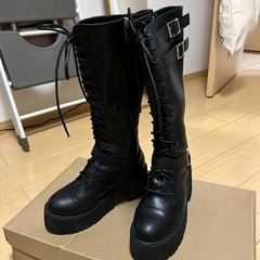 ロングブーツ 黒 編み上げブーツ