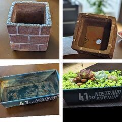 カゴ2個×多肉植物リメ缶とレンガ鉢セットの画像