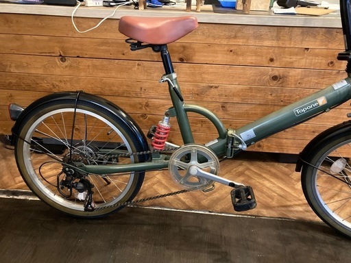 【チェーン新品！サスペンション付き】6段変速　20インチ折りたたみ自転車　モスグリーン