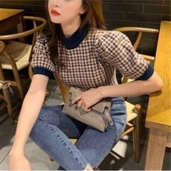 GRL千鳥格子柄パフスリーブニットトップスMの画像