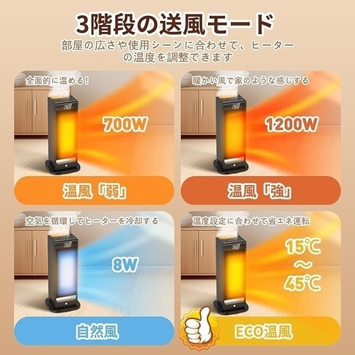 タワーファン 電気ストーブ  自動首振り 電気ヒーター LED大型ディスプレ