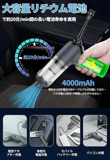 ハンディクリーナー 16000Pa強力 コードレス掃除機 5種類ノズル 車用掃除機 Type-C 小型クリーナー 車 掃除機 4000mAh大容量バッテリー 小型掃除機 掃除機 ハンディ コードレス 車用ハンディクリーナー 長時間稼働 超軽量 USB充電式 業務用/車用清掃/家具/家庭用 日本語説明書付き(ホワイト）