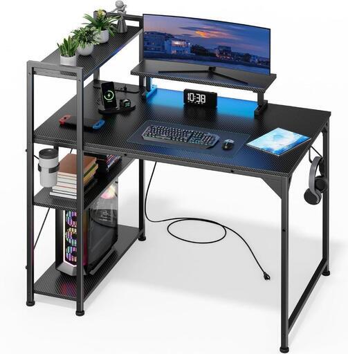 新品パソコンデスク モニター台,コンセント,ラック,LEDテープライト付き 黒 幅107cm