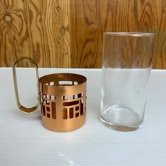 k1111611 未使用品  銅製ホルダー付きグラス ビール ビアジョッキー 5 グラス ホルダー 昭和レトロ 中古 現状品の画像