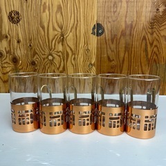 k1111611 未使用品  銅製ホルダー付きグラス ビール ビアジョッキー 5 グラス ホルダー 昭和レトロ 中古 現状品の画像