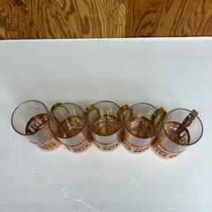 k1111611 未使用品  銅製ホルダー付きグラス ビール ビアジョッキー 5 グラス ホルダー 昭和レトロ 中古 現状品の画像