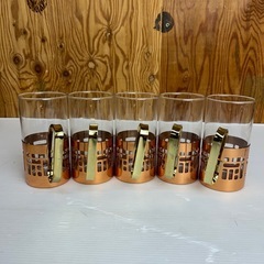 k1111611 未使用品  銅製ホルダー付きグラス ビール ビアジョッキー 5 グラス ホルダー 昭和レトロ 中古 現状品の画像