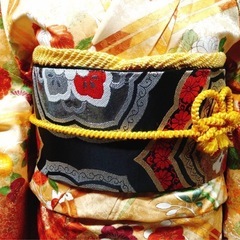 ● C)豪華絢爛 正絹 振袖 帯 六通  梅 松 桐 菊 可愛い 金糸 キラキラ オレンジ系 刺繍 帯揚げ 帯締め  身丈159cm  成人式 結婚式 中古 4点セット ①の画像