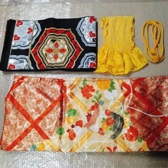 ● C)豪華絢爛 正絹 振袖 帯 六通  梅 松 桐 菊 可愛い 金糸 キラキラ オレンジ系 刺繍 帯揚げ 帯締め  身丈159cm  成人式 結婚式 中古 4点セット ①の画像