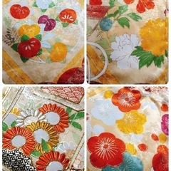 ● C)豪華絢爛 正絹 振袖 帯 六通  梅 松 桐 菊 可愛い 金糸 キラキラ オレンジ系 刺繍 帯揚げ 帯締め  身丈159cm  成人式 結婚式 中古 4点セット ①の画像