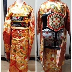 ● C)豪華絢爛 正絹 振袖 帯 六通  梅 松 桐 菊 可愛い 金糸 キラキラ オレンジ系 刺繍 帯揚げ 帯締め  身丈159cm  成人式 結婚式 中古 4点セット ①の画像