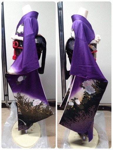 ● P) 豪華絢爛 正絹 振袖 紫 黒 帯 六通 赤 金 銀 ピンク 金彩 梅 牡丹 御所車 襦袢 半衿 帯揚げ 帯締め 身丈148cm 成人式 結婚式 中古 6点セット ③