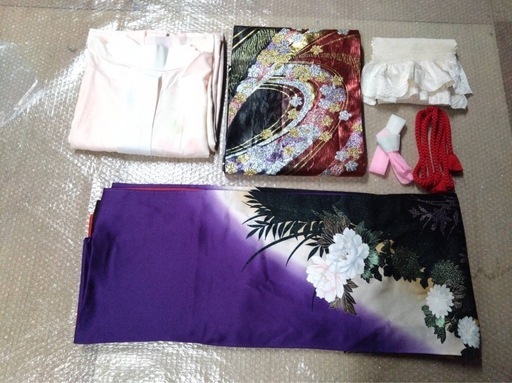 ○ P) 豪華絢爛 正絹 振袖 紫 黒 帯 六通 赤 金 銀 ピンク 金彩 梅
