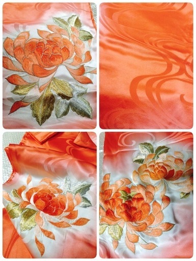● I) 豪華絢爛 正絹 振袖 朱色 刺繍 牡丹？ 蓮華？  帯揚げ 帯締め 身丈146cm 成人式 結婚式 レトロ 中古 4点セット