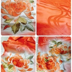● I) 豪華絢爛 正絹 振袖 朱色 刺繍 牡丹？ 蓮華？  帯揚げ 帯締め 身丈146cm 成人式 結婚式 レトロ 中古 4点セット ④の画像