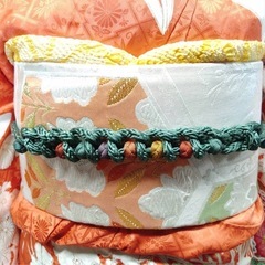 ● J) 豪華絢爛 正絹 振袖 オレンジ系 牡丹 刺繍 桐 菊 帯 六通 色彩 花模様 帯揚げ 帯締め 身丈153cm 成人式 結婚式 中古 4点セット ③の画像