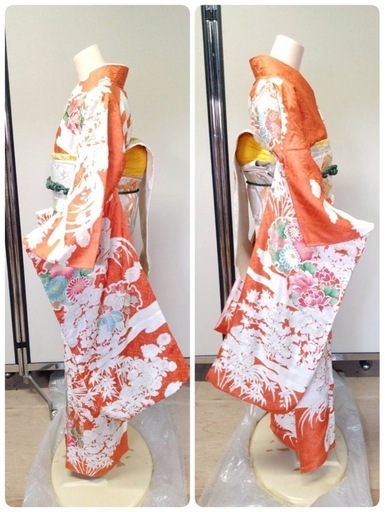 ● J) 豪華絢爛 正絹 振袖 オレンジ系 牡丹 刺繍 桐 菊 帯 六通 色彩 花模様 帯揚げ 帯締め 身丈153cm 成人式 結婚式 中古 4点セット ③
