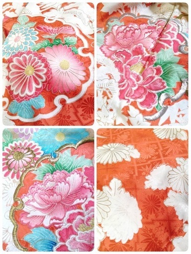 ● J) 豪華絢爛 正絹 振袖 オレンジ系 牡丹 刺繍 桐 菊 帯 六通 色彩 花模様 帯揚げ 帯締め 身丈153cm 成人式 結婚式 中古 4点セット ③