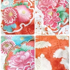 ● J) 豪華絢爛 正絹 振袖 オレンジ系 牡丹 刺繍 桐 菊 帯 六通 色彩 花模様 帯揚げ 帯締め 身丈153cm 成人式 結婚式 中古 4点セット ③の画像