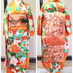 ● O) 豪華絢爛 正絹 振袖 帯 六通 オレンジ 金糸 金彩 色彩 花模様 帯揚げ 帯締め 身丈148cm 成人式 結婚式 中古 4点セット ③の画像