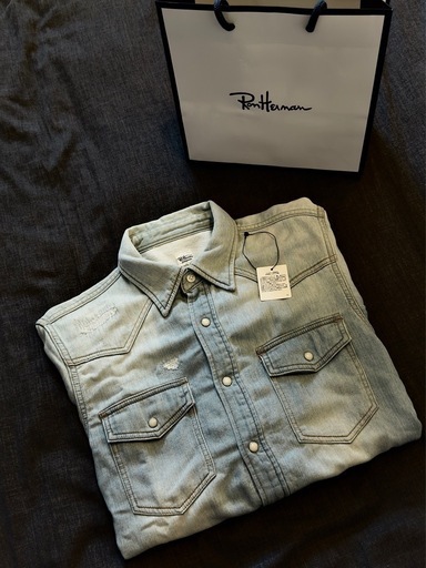 希少 即売【　RonHarman　　ロンハーマン　】　　ダメージリペアスインディゴスウェットデニムシャツ　　S　　オーシャンズ　インスタ映え