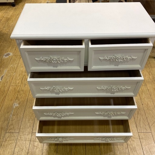 3/7?値下げしました??姫家具??4段チェスト ウッドプロダクツ 収納 足つき 幅65cm ホワイト?薔薇　NO.1600F