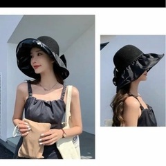 新品未使用　UVカット帽子 麦わら帽子 折りたたみ つば広 バケットハット 紫外線対策 黒の画像