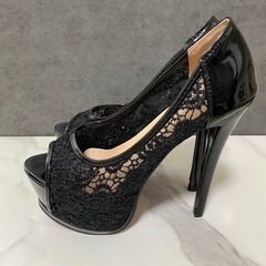NFM 黒 レース オープントゥ ハイヒール 38サイズの画像