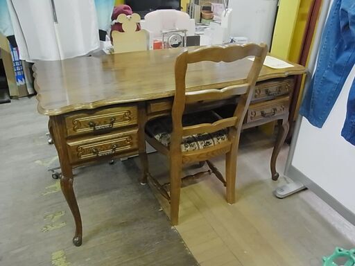 【7】アンティーク　猫脚　両袖デスク　ワークデスク　ライティングデスク　デスクチェアセット　椅子　木製